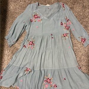 Floral Embroidered Midi Dress in Blue and Pink